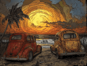 Beach scene with antique cars in Havana, Cuba